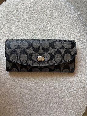 Coach Signature Long Wallet Black Grey Jacquard Snap Flap Checkbook Style